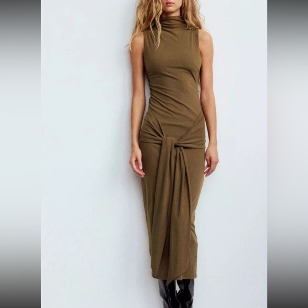 Zara Olive Green Tie Knot Midi Dress Mock Neck Sleeveless Size Small